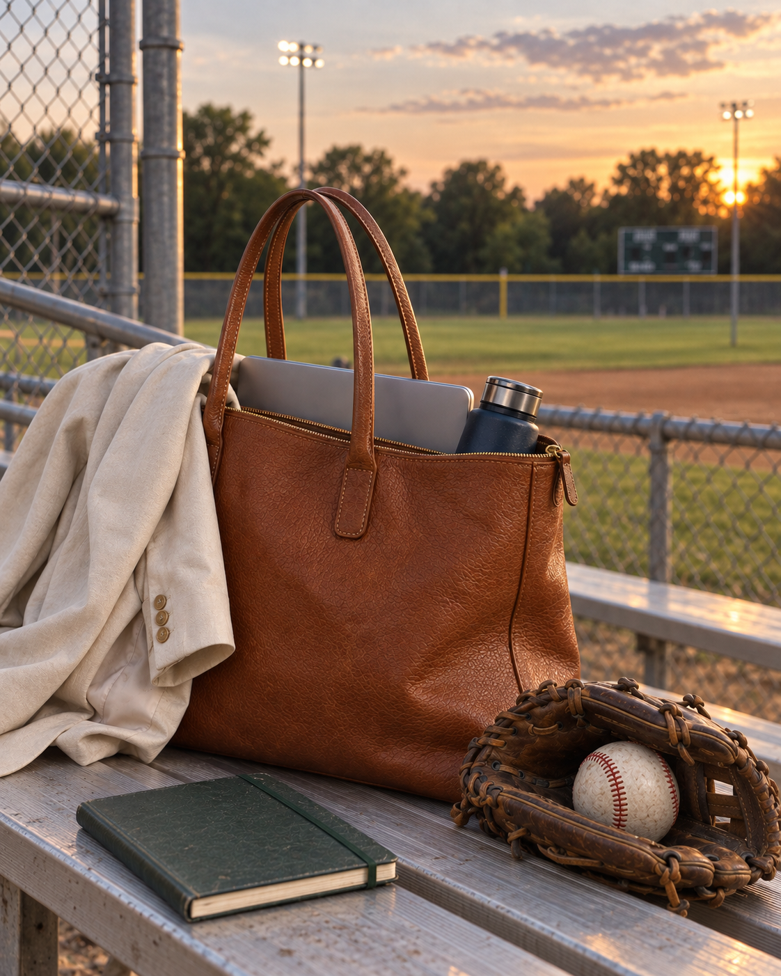 A work tote and baseball glove on the bleachers