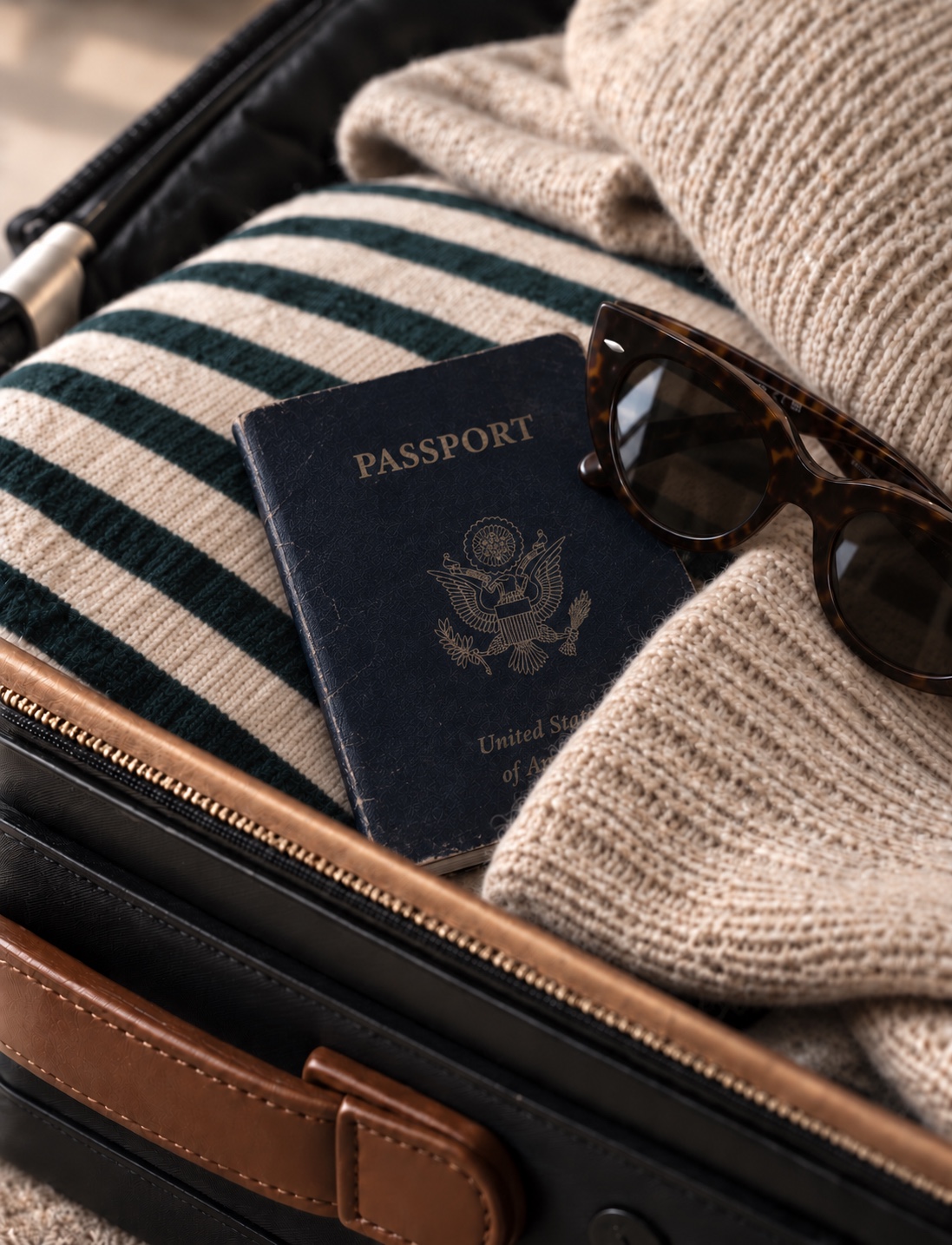 A notebook and passport packed beside knitwear