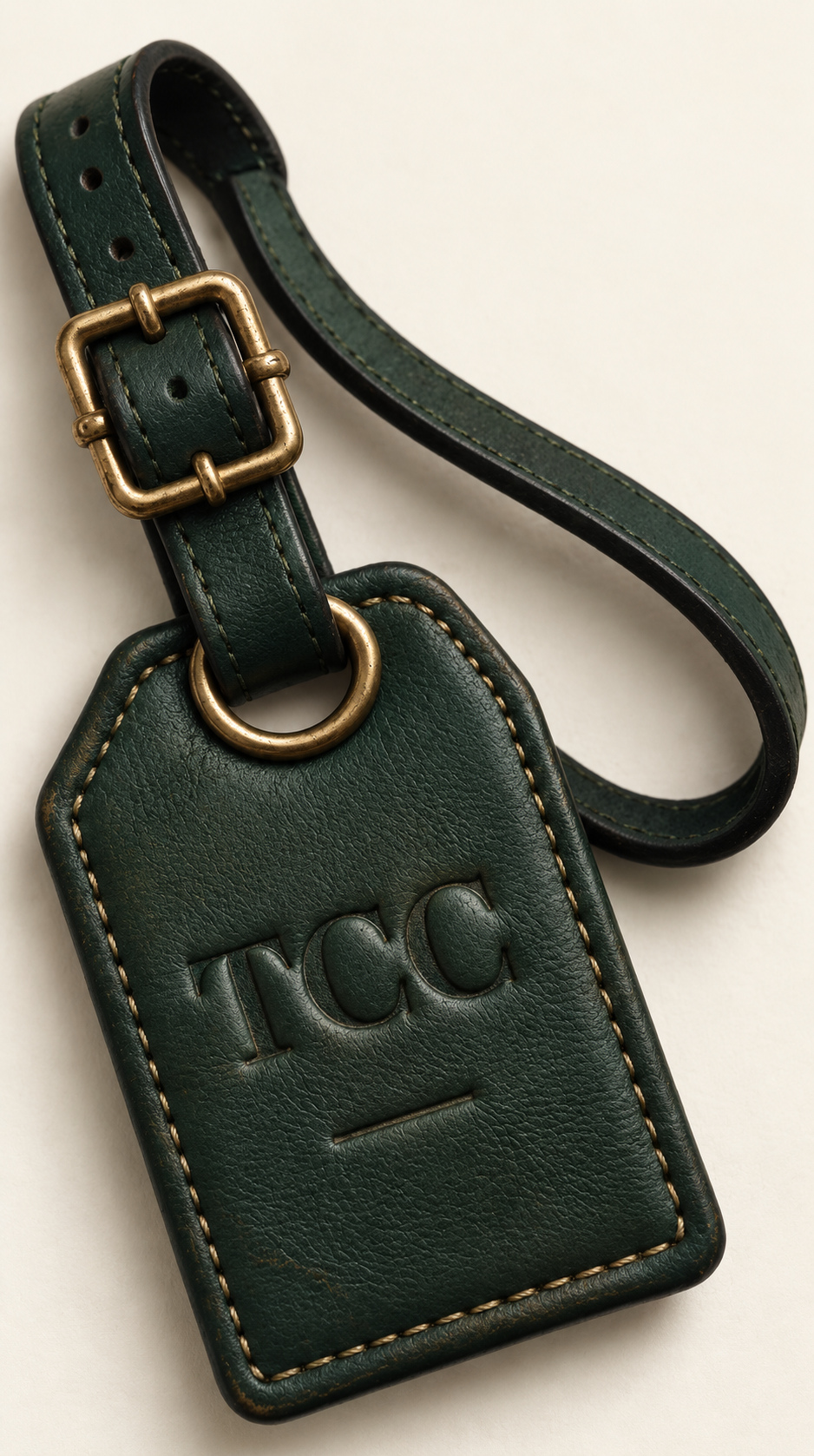 Full hunter-green Carry What Matters luggage tag with strap and brass buckle