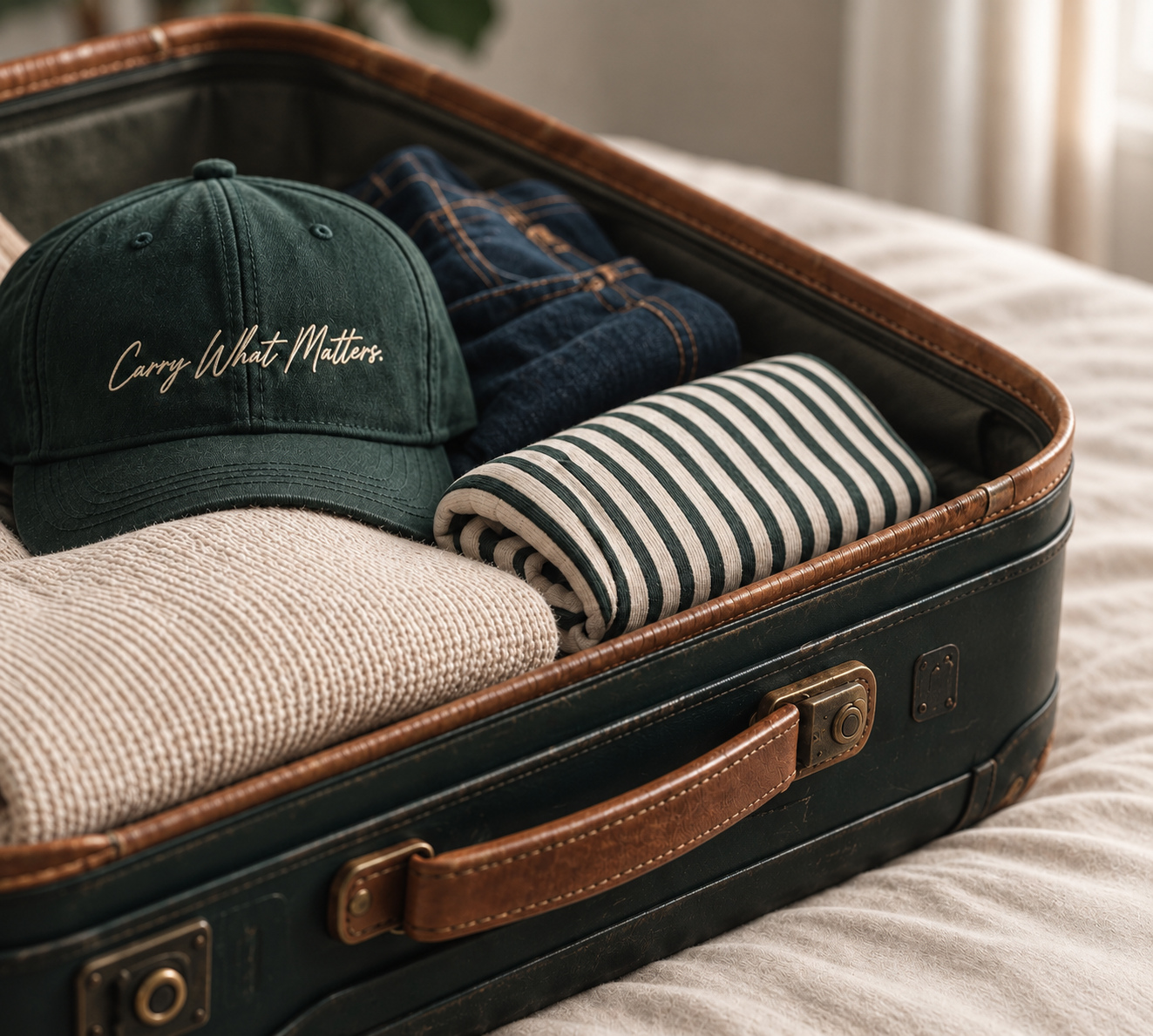 Cream and navy clothing in an open carry-on