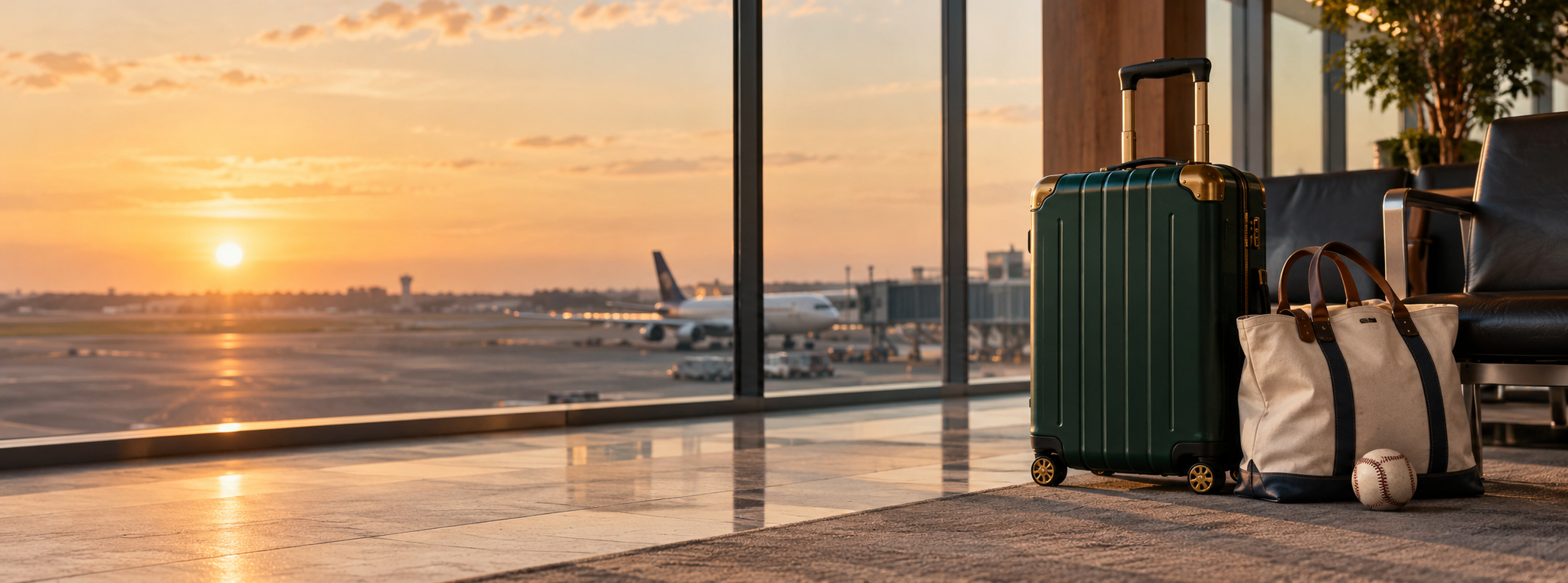 Hunter-green carry-on, ivory tote and vintage baseball in an airport lounge at sunset